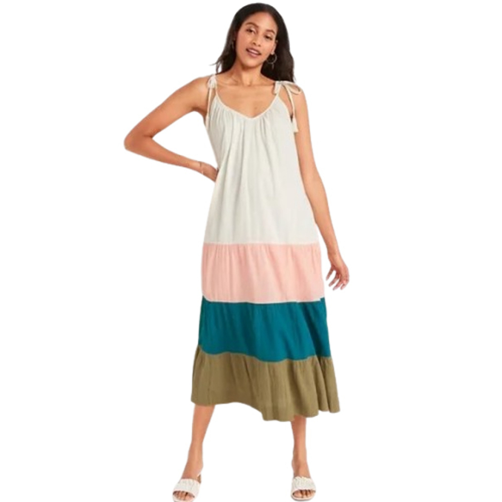 Old Navy All Day Maxi Swing Dress S Small Sleeveless Tasseled Colorblock Cottage
